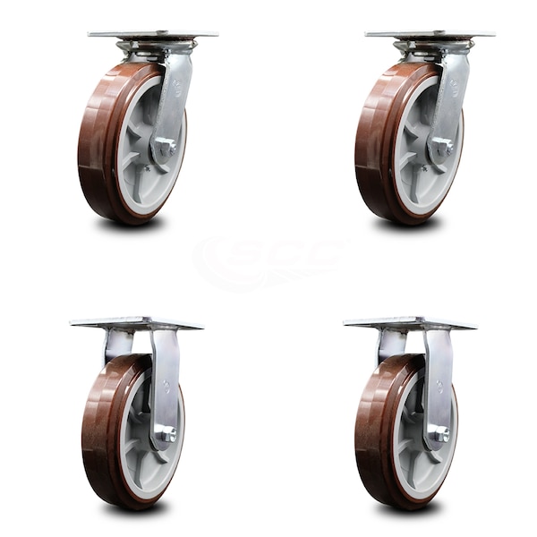 8 Inch Polyurethane Caster Set with Roller Bearings 2 Swivel 2 Rigid SCC